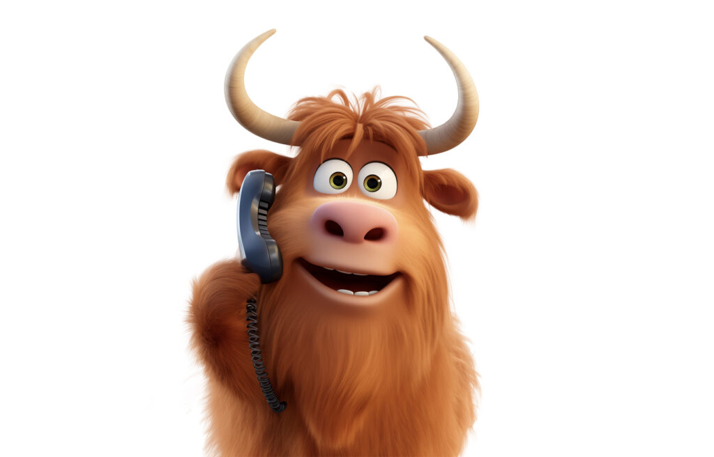 Cartoon Highland cow using a digital landline service in Scotland