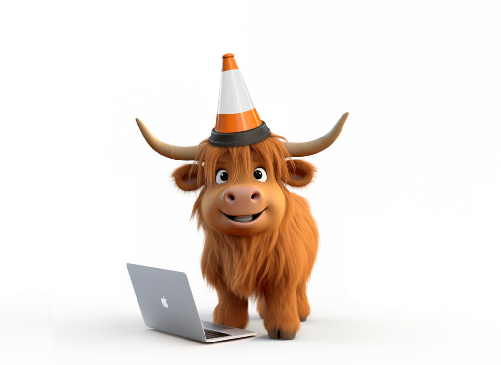Cartoon cow using a laptop with a Glasgow address checker on screen
