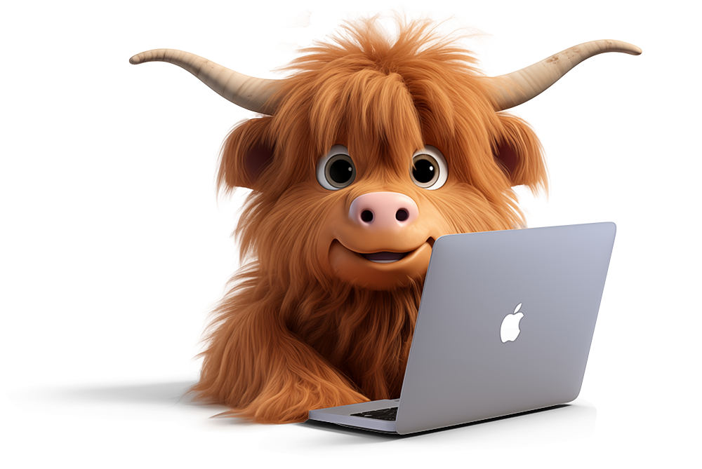 Cartoon Highland cow using full fibre broadband