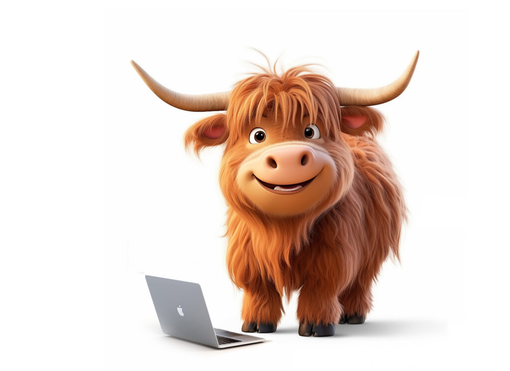 Highland cartoon cow showing fixed wireless broadband setup for rural Scotland connectivity