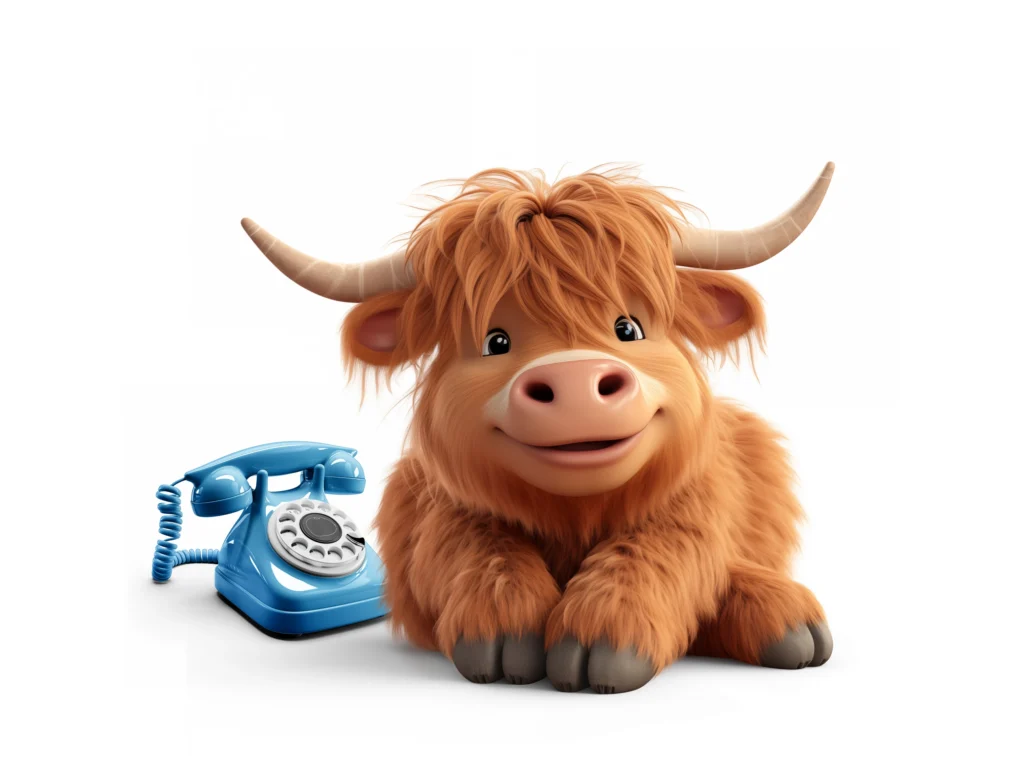 Cartoon Highland cow beside an old-style telephone demonstrating digital landline switchover